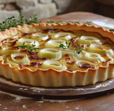 Golden savory leek tart garnished with fresh thyme sprigs served on a round board with dusted flour