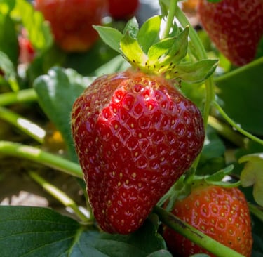 eife rote Erdbeere an der Pflanze im Garten mit grünen Blättern