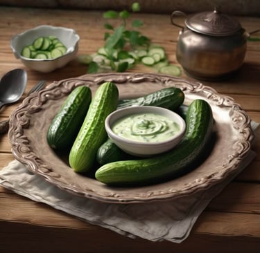 Une assiette de concombres avec un bol de crème