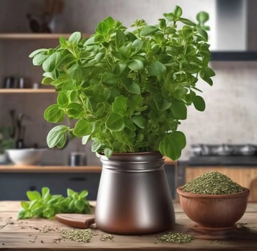Un pot d'origan frais, posé sur une table en bois dans une cuisine moderne.