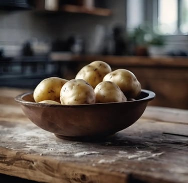Una fuente llena de patatas rústicas sobre una mesa de madera antigua y desgastada