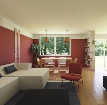 3D salon rouge et beige japandi