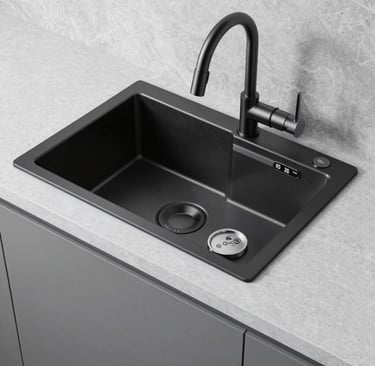 A vibrant smart kitchen sink with colorful dishes and fresh vegetables around it