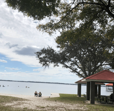 Sandy beach on Lake Jackson with Trees and canopies with picnic tables