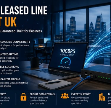 10GB leased line business connectivity setup with high-speed network infrastructure in a modern UK office