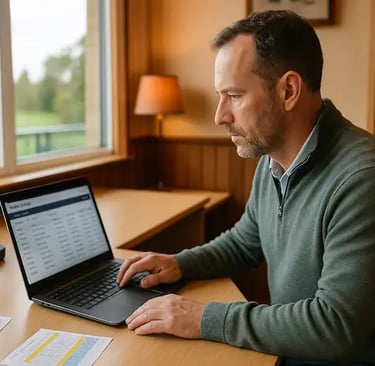 Golf club manager reviewing member bookings on a laptop in the clubhouse office