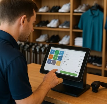 Pro shop staff processing a card payment at a golf club desk, with modern POS and booking systems visible.”