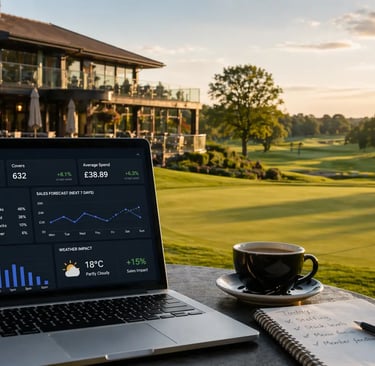 Golf clubhouse and course representing use of AI and data to improve food and beverage profitability in golf clubs