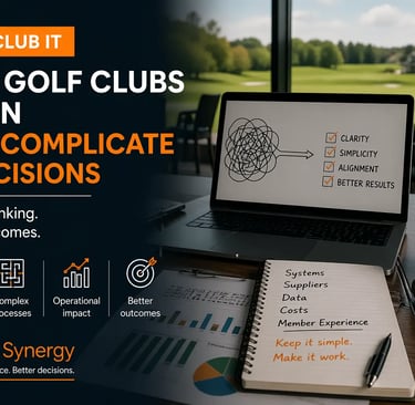 Golf clubhouse workspace with laptop and data charts representing overcomplicated IT decision making in golf clubs
