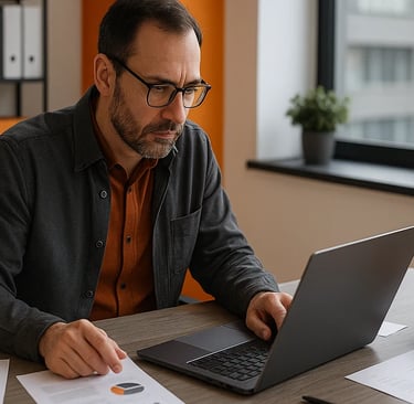 IT Manager reviewing supplier proposals on a laptop in a modern office with orange and black accents