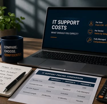 Laptop displaying IT support pricing alongside comparison notes and calculator on office desk