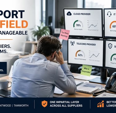 multiple IT systems and dashboards representing unmanageable IT support and multiple suppliers in Lichfield