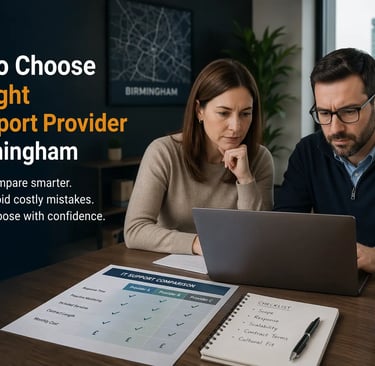 Business professionals comparing IT support providers using laptop and checklist in modern office