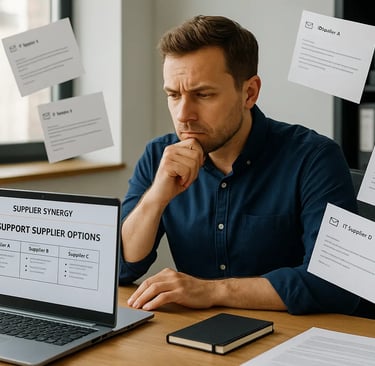 UK IT manager surrounded by supplier emails, finding clarity with Supplier Synergy