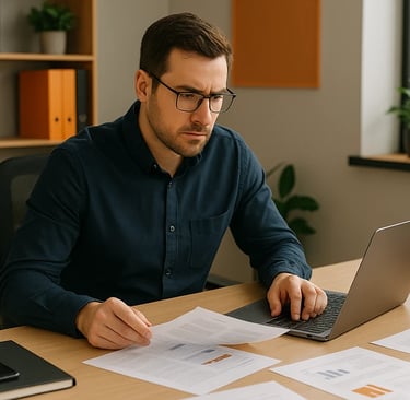 Frustrated IT Manager surrounded by supplier paperwork and devices.