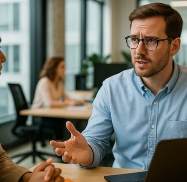 IT Manager and colleague discussing supplier options across a desk