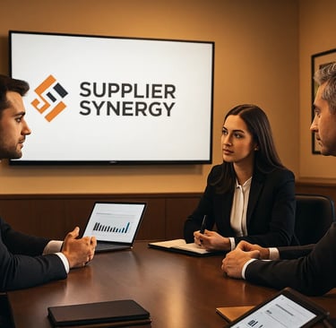 IT consultants in a modern office discussing network performance data with the Supplier Synergy logo on a wall screen.