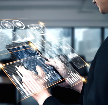 a man in a suit and tie is holding a tablet computer