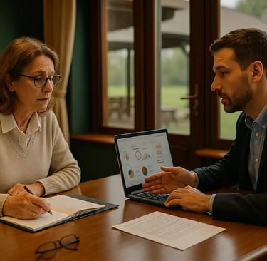 Golf club secretary and IT consultant discussing technology upgrade plans in a clubhouse office.