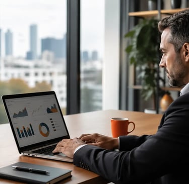 Business professional reviewing network data to decide on leased line speed