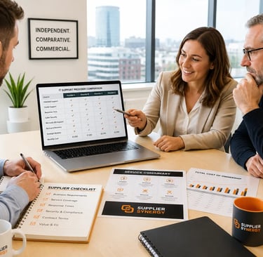 Business team reviewing IT support supplier options in a bright Birmingham office