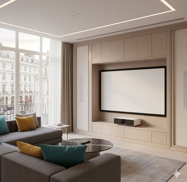 Modern London media room with 4K Laser TV, ALR screen, and bespoke cabinetry.