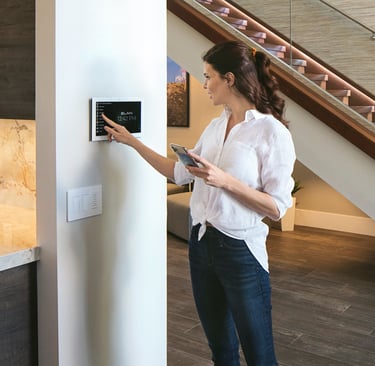 Client using a wall-mounted Nice ELAN touch panel for smart home lighting control.