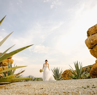 a bride in a white wedding dress standing in front of a rock formation