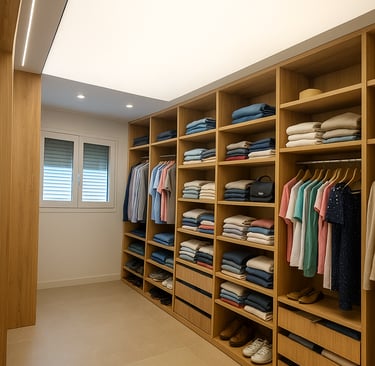Vestidor en Alberic con techo tensado luminoso y mobiliario de madera