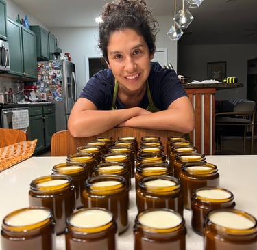 Marina from= vacaluna with freshly mafe whipped tallow cream in amber glass jars, natural small-batch skincare.