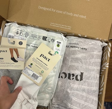 Pact organic cotton clothing in eco-friendly packaging box-sustainable basics made from certified orgamic cotton