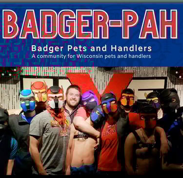A group of men posing in pup masks. BADGER-PAH