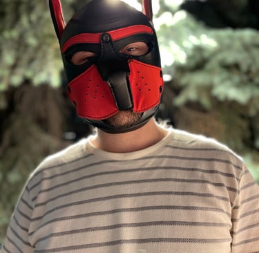 Young man in a pup mask.