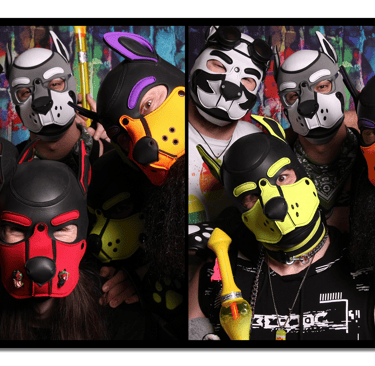 Friends posing in pup masks.