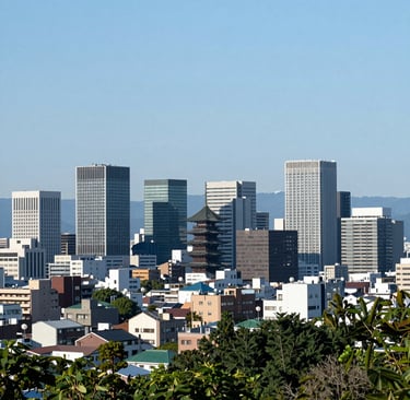 A serene Japanese garden with a stone lantern and blooming cherry blossoms under a clear sky.