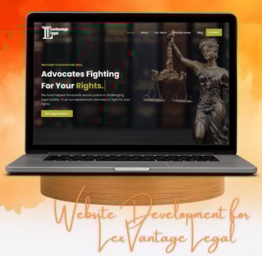 Laptop displaying law firm website for LexVantage Legal, focused on professional web development.