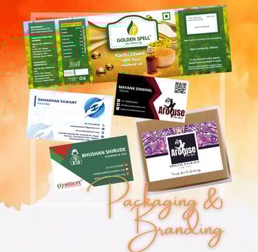 Product packaging and branding cards for various businesses, demonstrating packaging design.