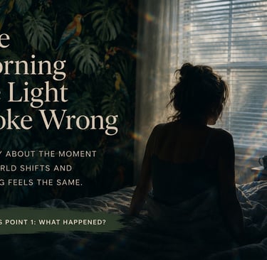 A woman sits upright in bed at dawn, silhouetted against fractured morning light filtering through b