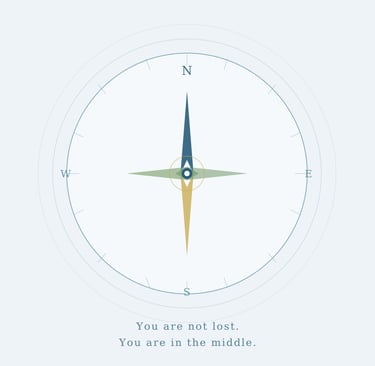 Minimalist compass illustration in cool blues and gold with the text You are not lost. You are in the middle.