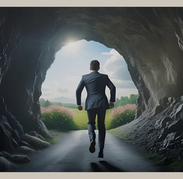 Geschäftsmann läuft aus dunkler Höhle ins Licht – Symbol für Befreiung vom Hamsterrad und Neubeginn.