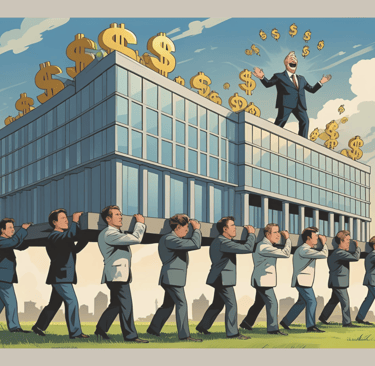 Karikatur: Angestellte tragen schwer ein Bürogebäude mit Chef oben drauf, umgeben von Dollarzeichen – Symbol für Burnout im J