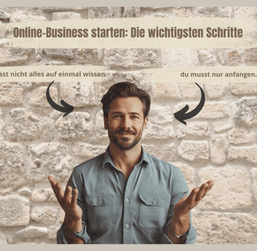 Motivierendes Bild Online-Business starten: lächelnder Mann vor Steinwand mit Hinweis ‚Du musst nicht alles wissen – du musst