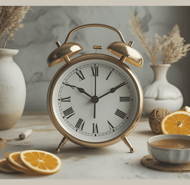 Goldene Retro-Uhr auf einem Tisch mit Orangen und Tee – Symbol für Zeitmanagement und Energiehaushalt im Alltag.