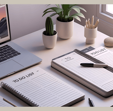 Aufgeräumter Arbeitsplatz mit Laptop, To-Do-Listen und Schreibmaterialien – Sinnbild für Struktur, Zeitmanagement und hilfrei