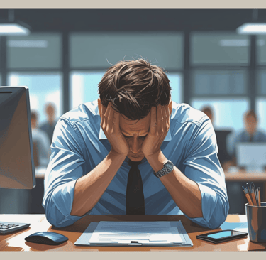 Gestresster Mann im Büro sitzt mit gesenktem Kopf zwischen zwei Monitoren – Symbol für Überlastung, Stress und gesundheitlich