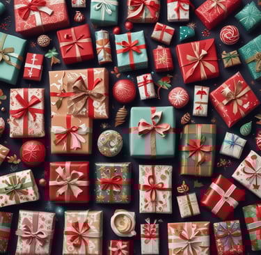 a bunch of christmas presents are on a table