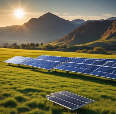 A solar panel is placed on the ground amidst lush green plants and trees. The sunlight gently reflects off its surface, highlighting the clean, angular lines of the solar cells.