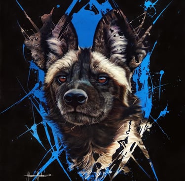 a dog with a blue background 