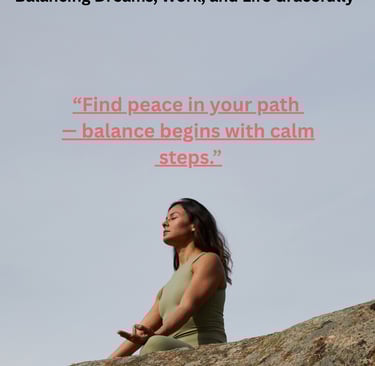 A women walking peacefully on a sunrise path symbolizing balance , mindfulness, and inner clam.