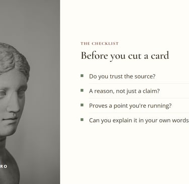 Branded checklist card with four questions to ask before cutting a debate card.